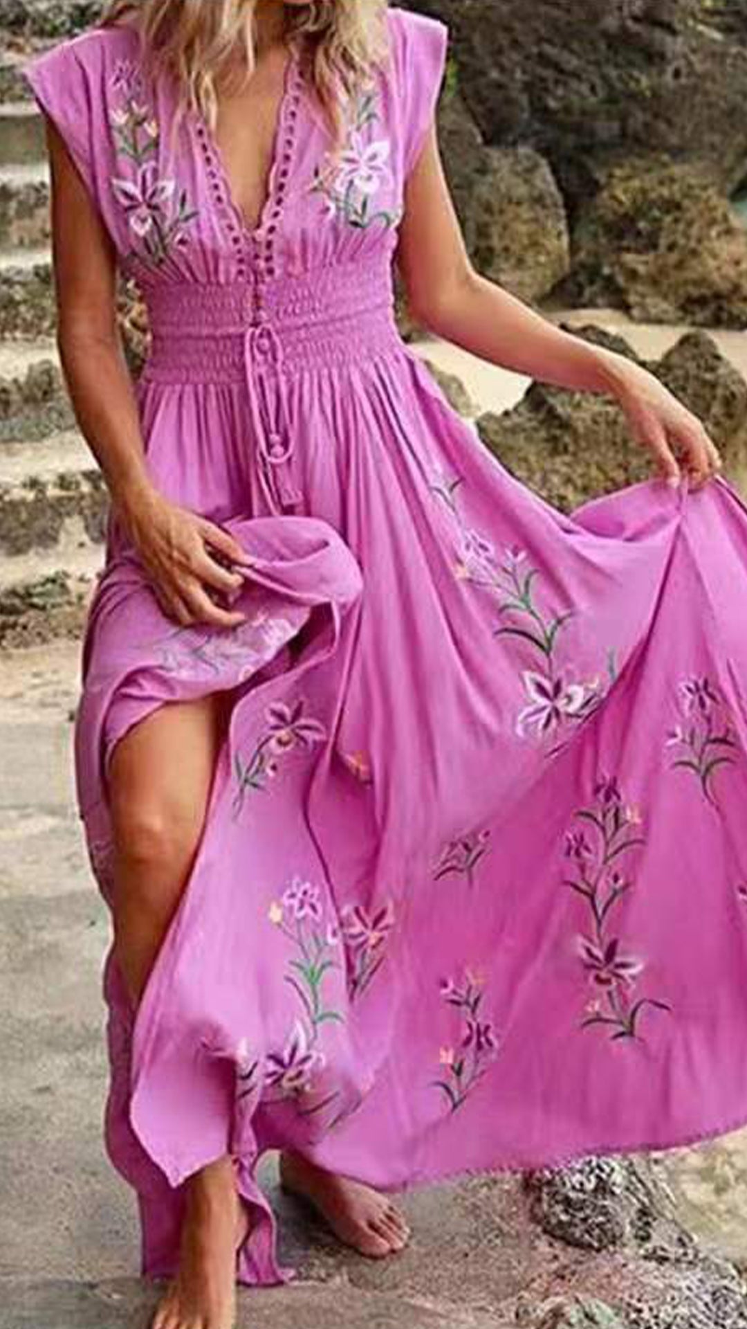 V-Neck Loose print embroidery maxi Dress