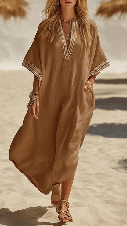 Linen V-Neck Loose maxi Dress