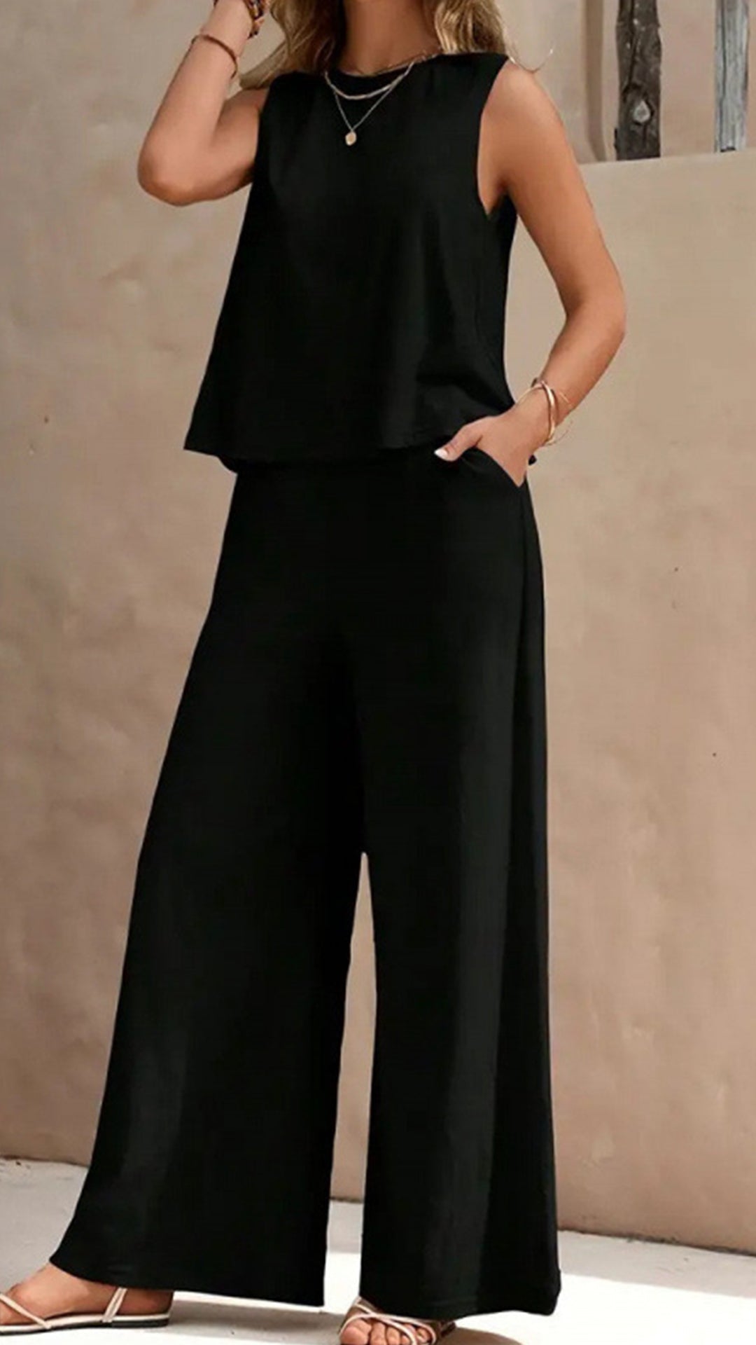 Casual Vacation Style - Sleeveless Cotton-Blend Two-Piece Set