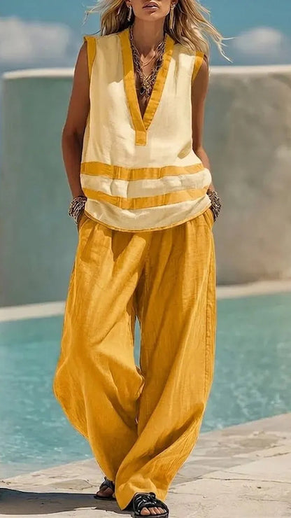 Casual Vacation Style - Color-Block Stripe Cotton-Blend Two-Piece Set