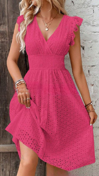 lace hollow V-Neck ruffle trim Mini Dress