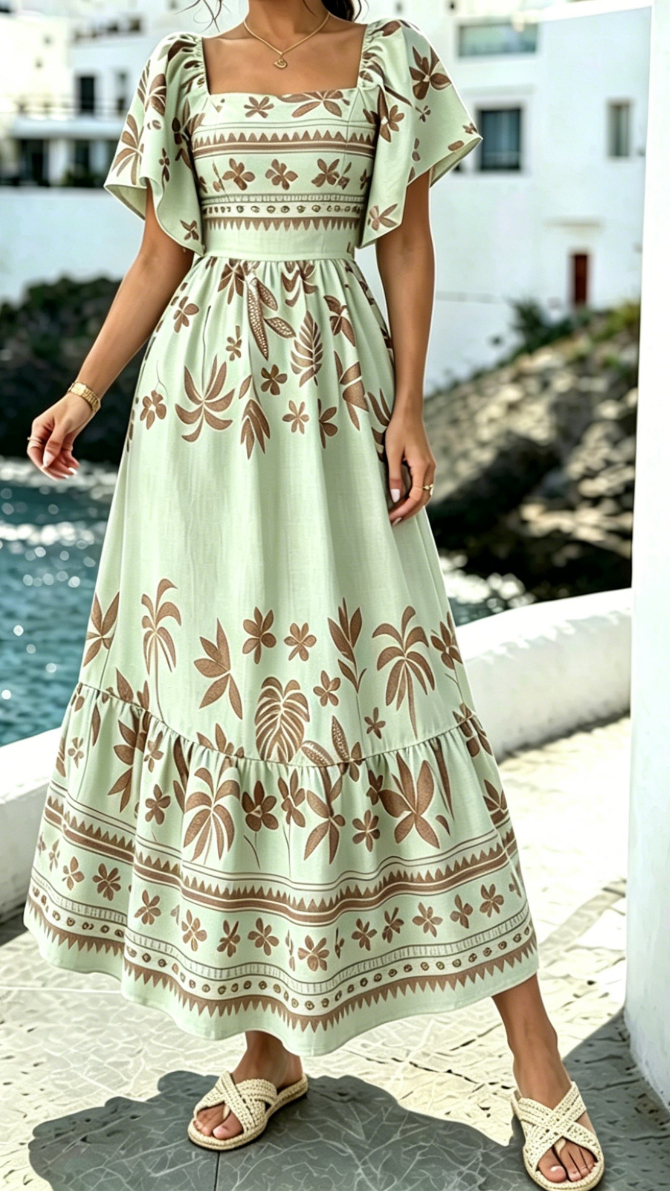 Women's Printed Dress with Square Neckline and Flutter Sleeves