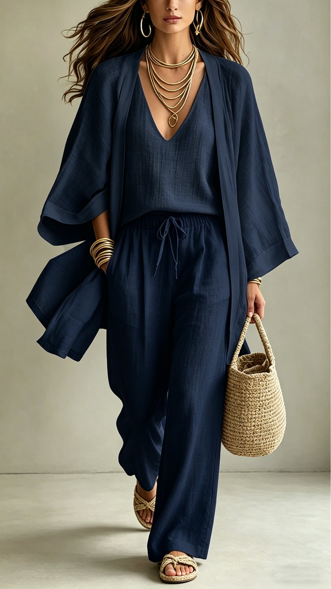 Women's Linen-Blend Three-Piece Set (Kimono + Tank + Shorts)