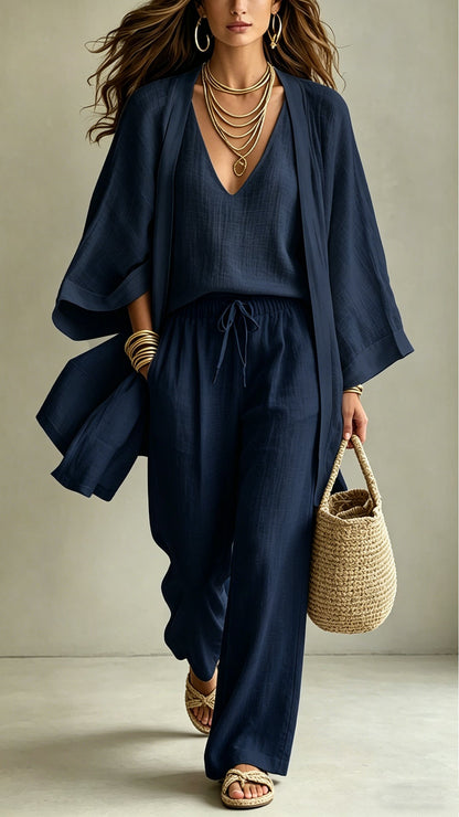 Women's Linen-Blend Three-Piece Set (Kimono + Tank + Shorts)