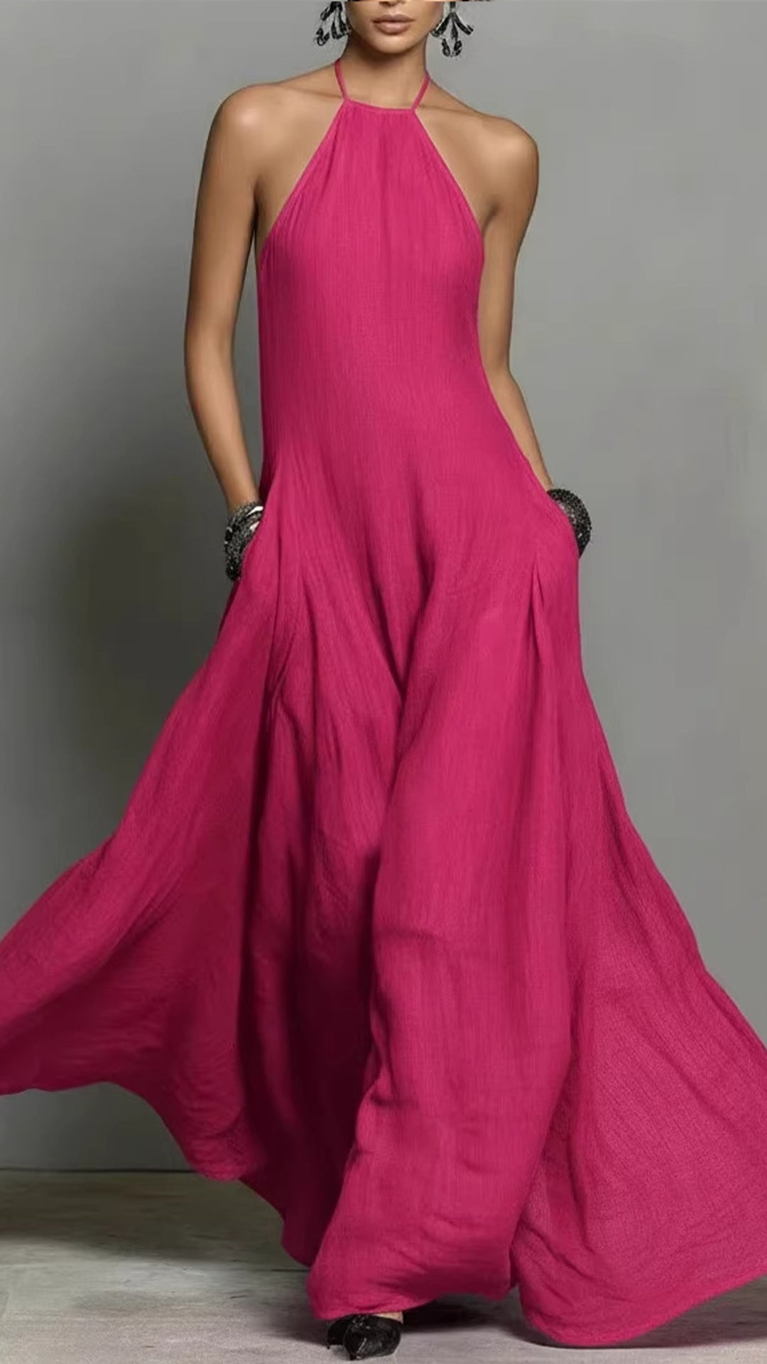 sleeveless linen halter-Neck Loose maxi Dress