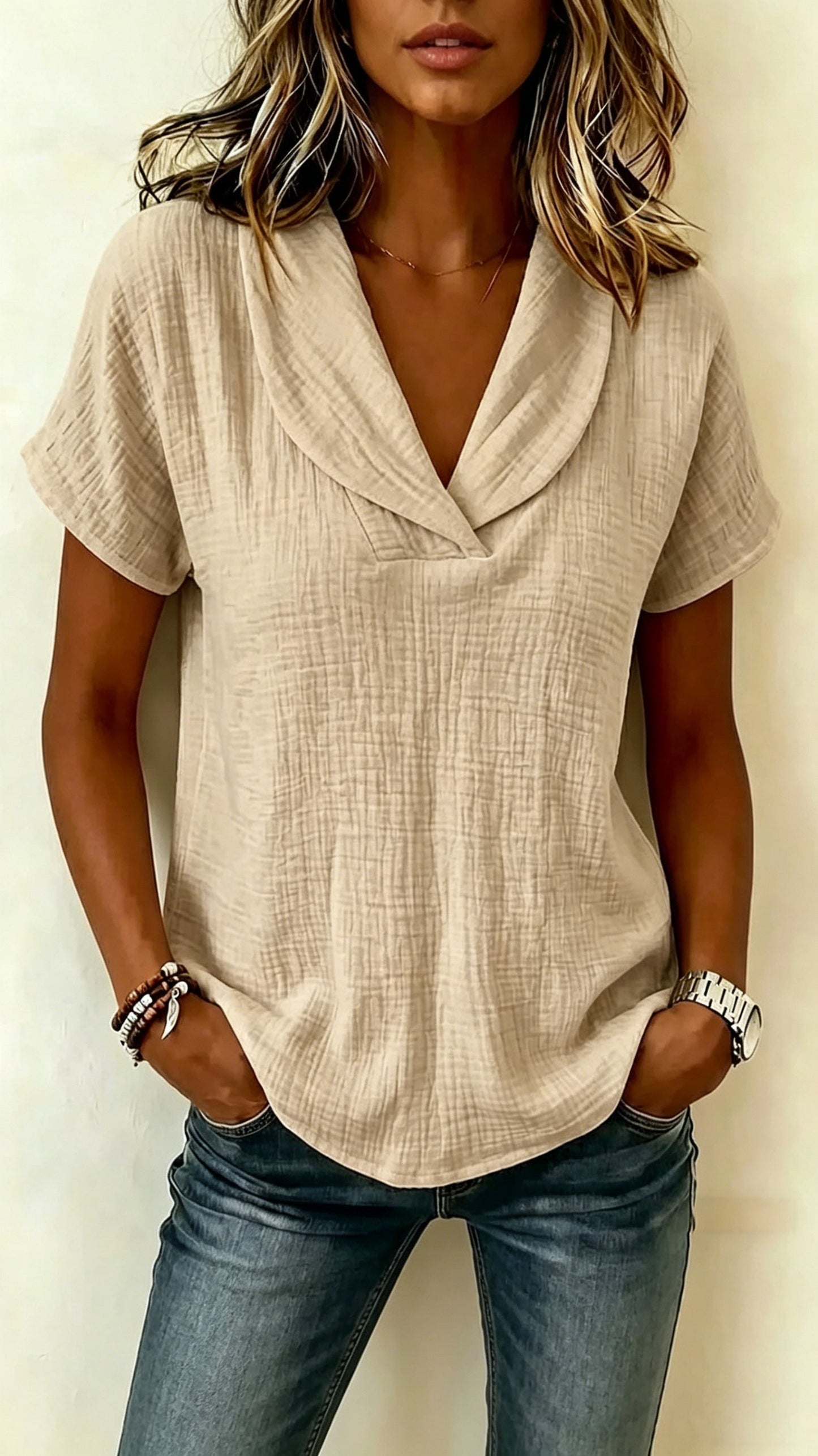 Short-Sleeve Crepe V-Neck Casual Fashion T-Shirt