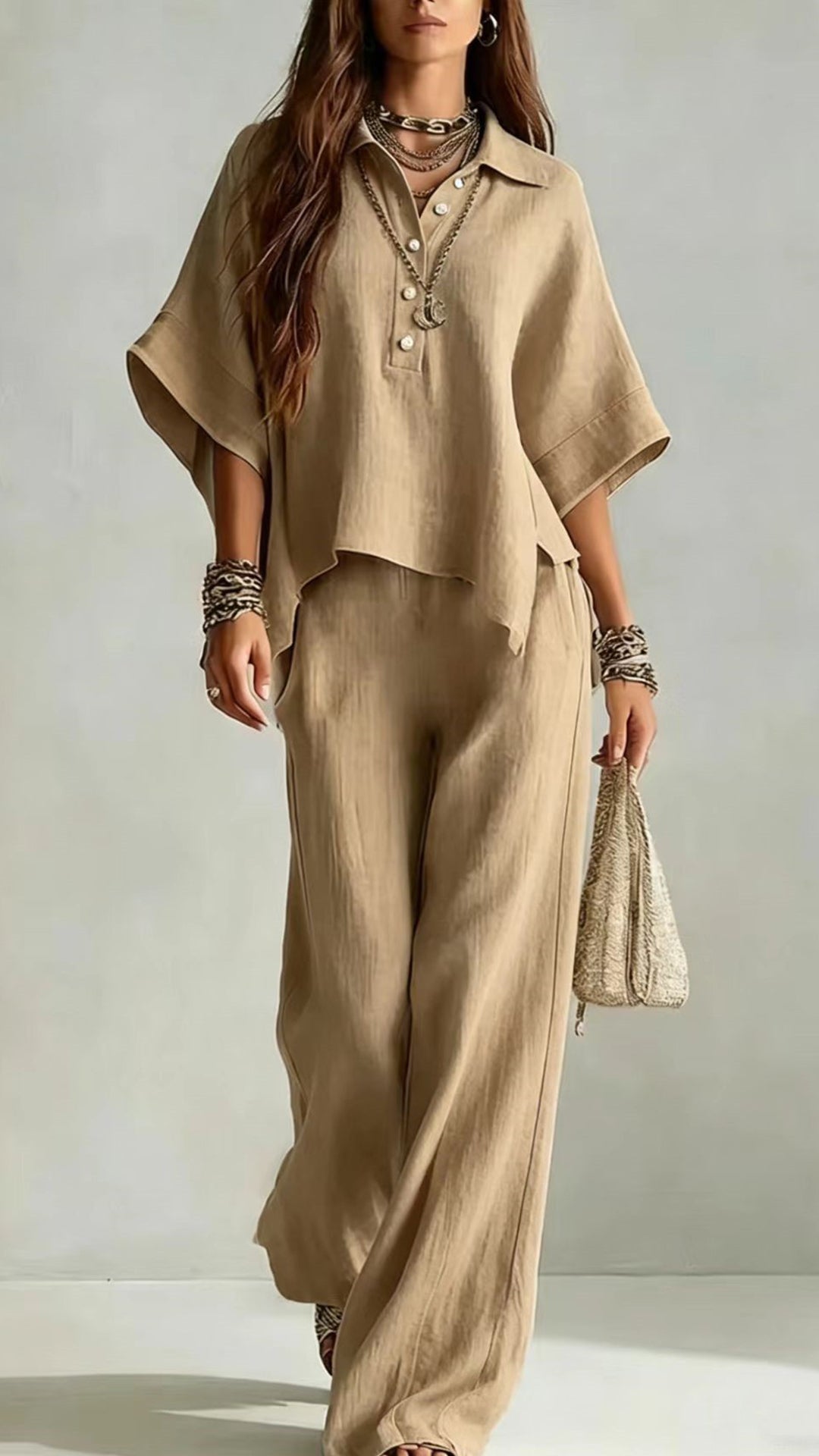 Women's Cotton-Blend Henley Neck Wide-Leg Pants Set