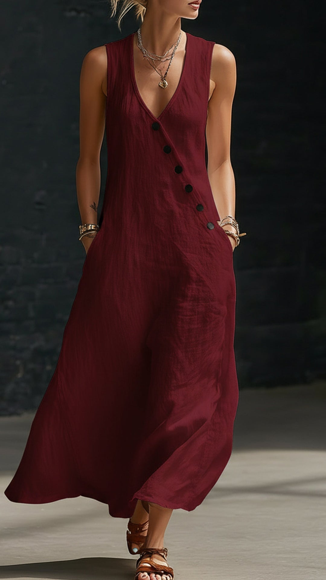 Linen-Texture V-Neck Sleeveless Maxi Dress