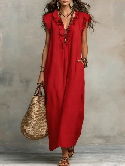 Cotton-Blend Ruffle V-Neck Maxi Dress