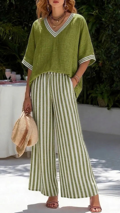 Solid-Color Top & Striped Wide-Leg Pants Set — Loose-Fit, Slimming, and Breathable