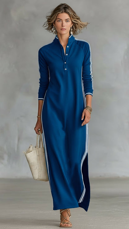 Women's Black and White Striped Sporty Stand-Collar Maxi Dress