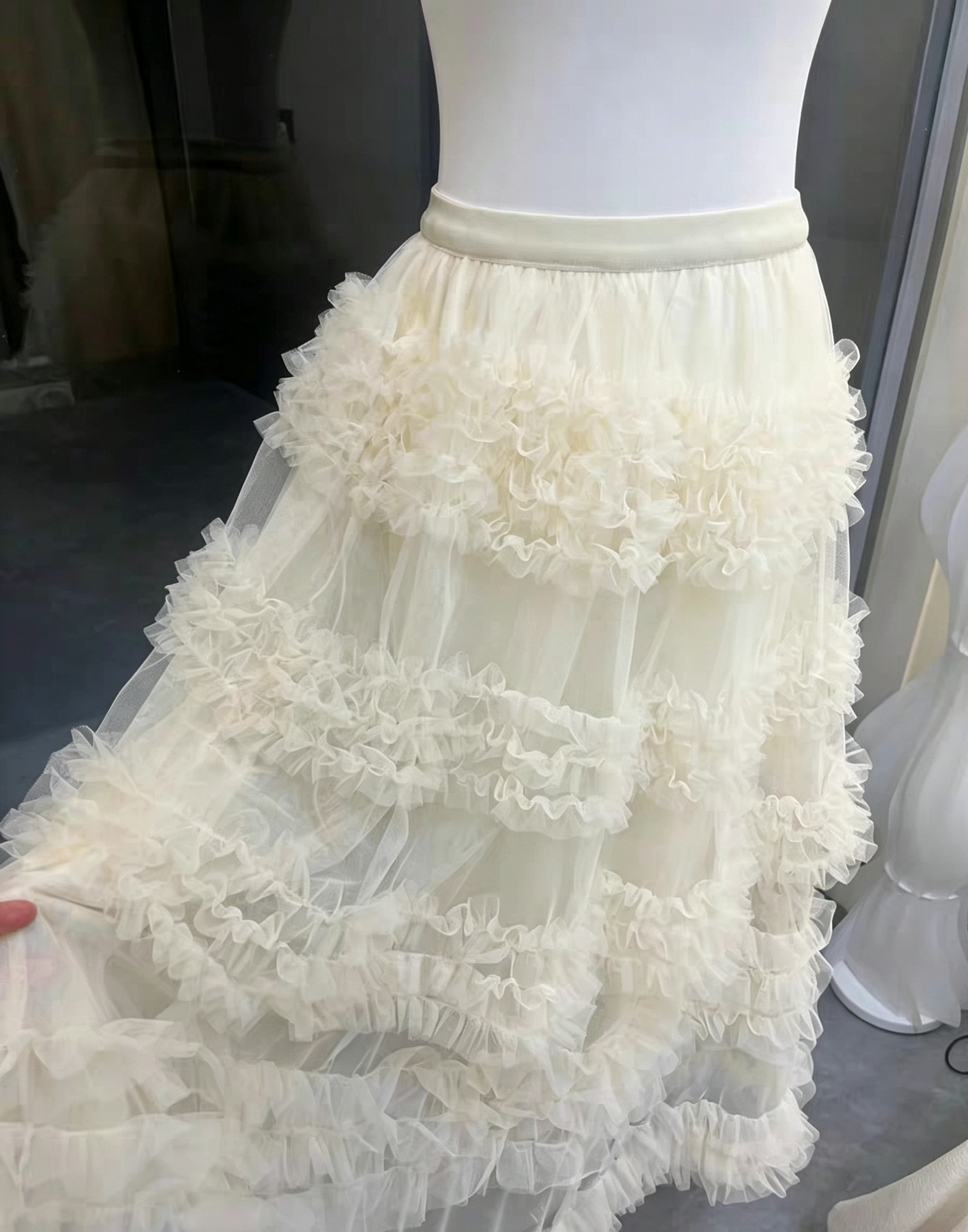 Nude Pearl Strap Sweetheart Corset Top & Tiered Ruffle High Low Tulle Midi Skirt Set