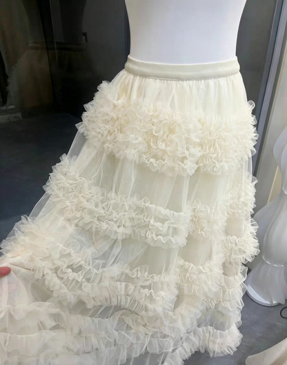Nude Pearl Strap Sweetheart Corset Top & Tiered Ruffle High Low Tulle Midi Skirt Set