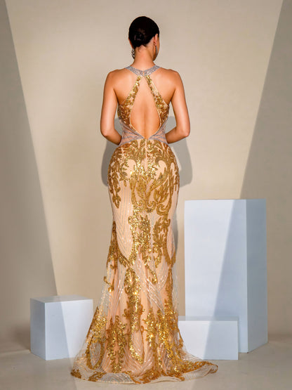 Halter Backless Gold Sequin Mermaid Dress