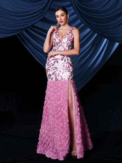 Floral Split Hem Sequin Panel Tulle Dress