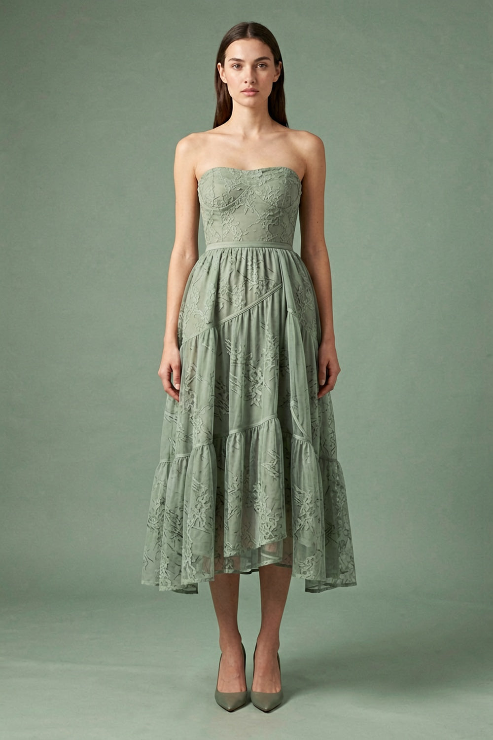 Sage Strapless Midi Dress warm sand breathable viscose crepe or linen blend Two-Piece Set - product view 1