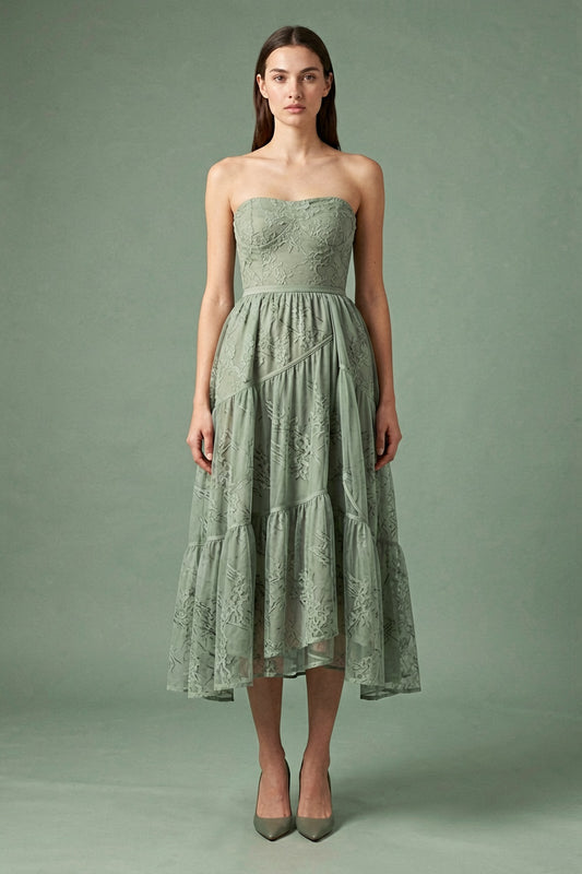 Sage Strapless Midi Dress warm sand breathable viscose crepe or linen blend Two-Piece Set - product view 1