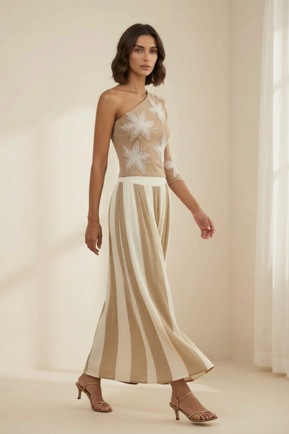 Khaki One Shoulder 3D Floral Top Striped Wide Leg Pants Two-Piece Set