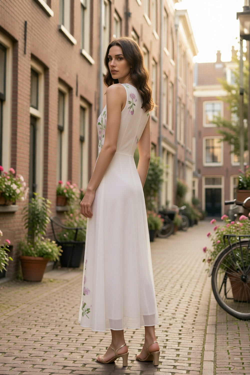 White Sleeveless Crew Neck Asymmetrical Purple Peony Floral Embroidery Sheer Chiffon Flowy Maxi Dress