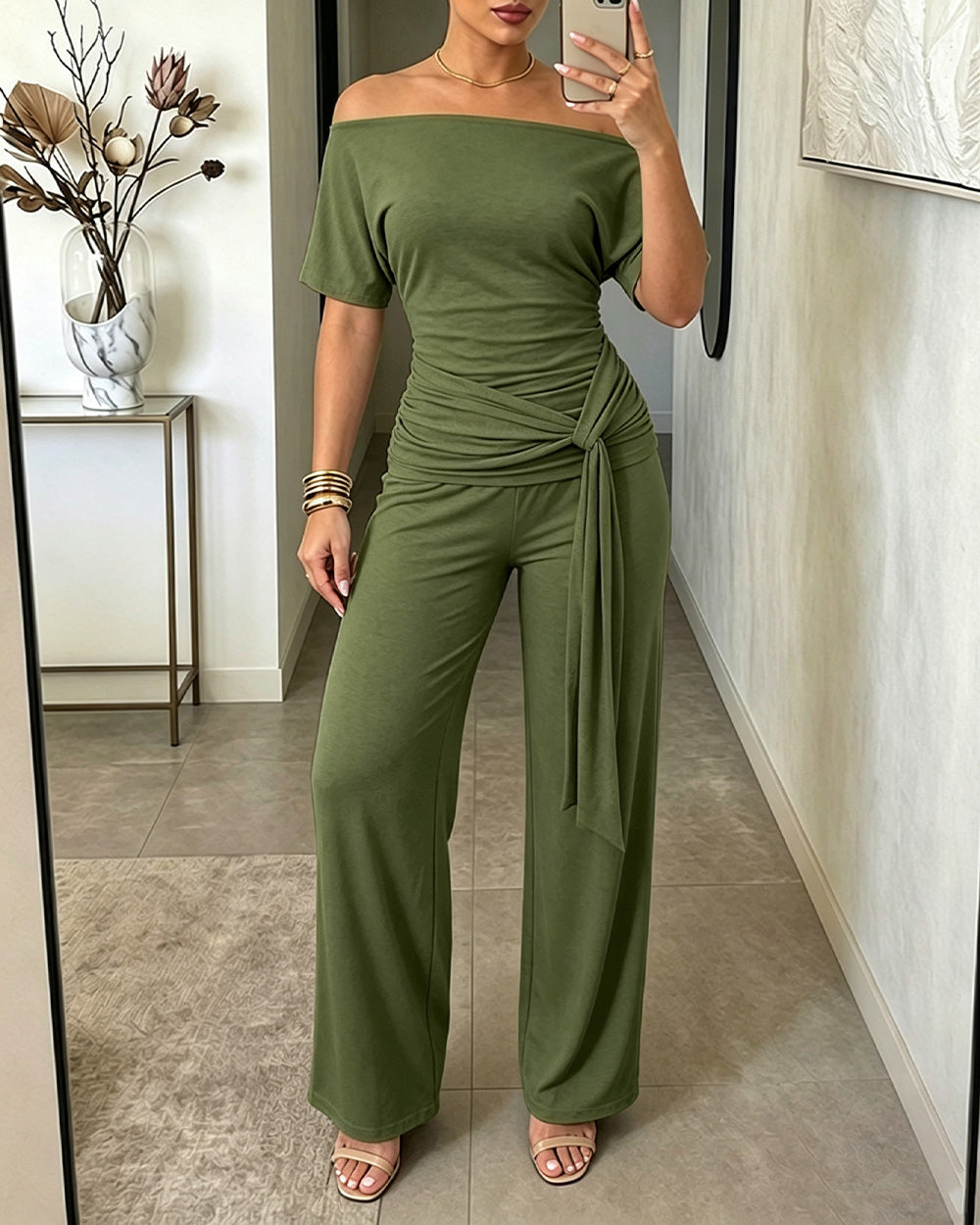 Women's Skew Neck 2 Piece Outfits Ruched Tie Waist Short Sleeve Top and High Waisted Wide Leg Pants Lounge Set