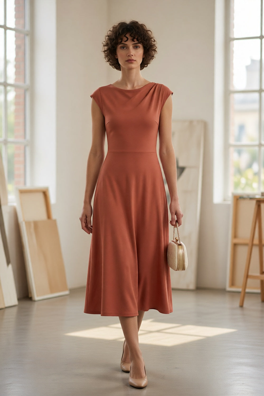 Terracotta Cowl Draped Boat Neck Cap Sleeve Slim Waist Flowy A-Line Midi Dress