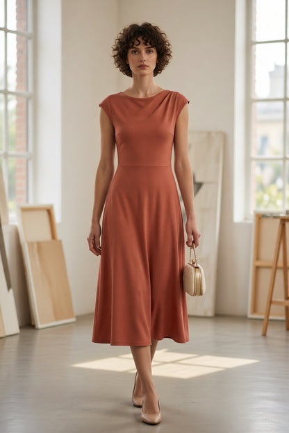 Terracotta Cowl Draped Boat Neck Cap Sleeve Slim Waist Flowy A-Line Midi Dress