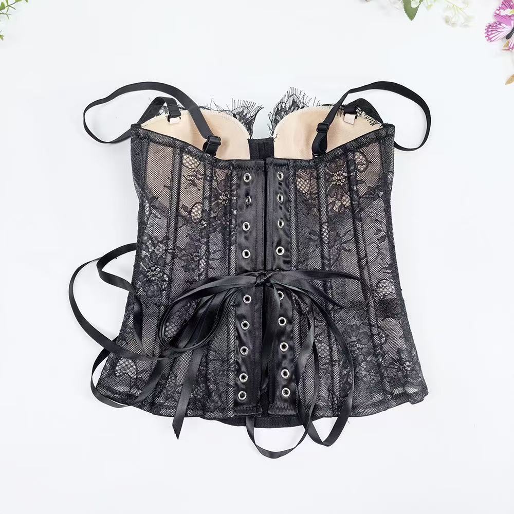 Black Lace Spaghetti Strap Corset Top & Flared Tulle Mini Skirt Set