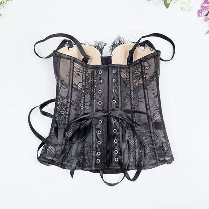 Black Lace Spaghetti Strap Corset Top & Flared Tulle Mini Skirt Set