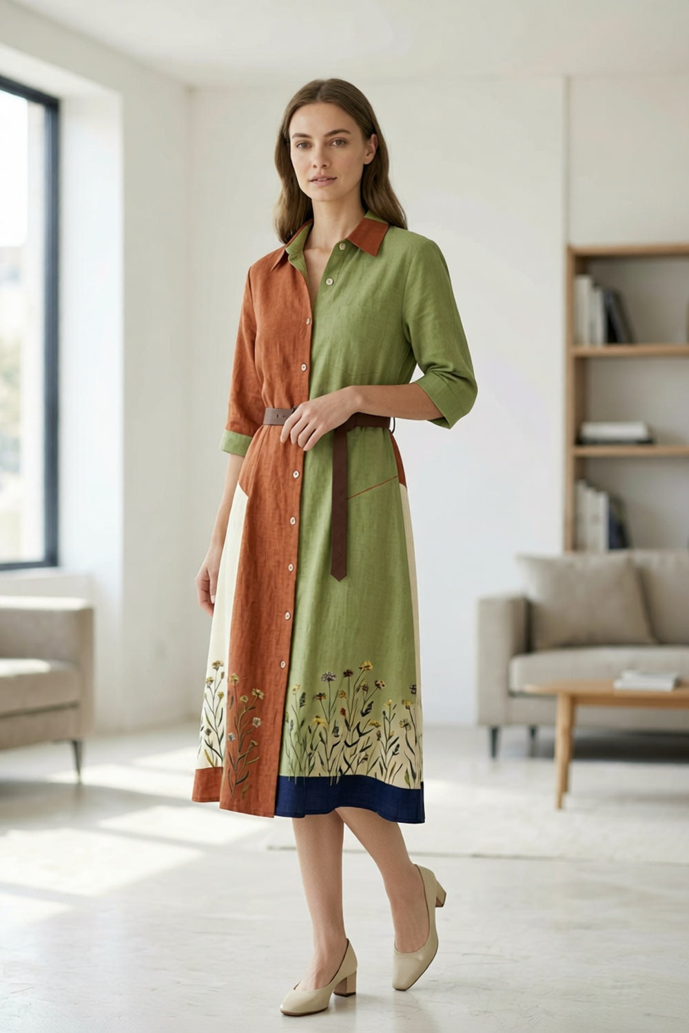 Linen Cotton Shirt Dress with Botanical Print, Color Block Design & Waist Belt