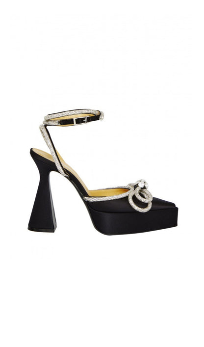 BOW CRYSTAL SATIN HEELS IN BLACK