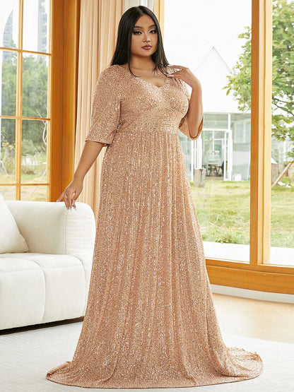 Plus V Neck Sequin Apricot Evening Dress