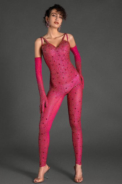 Comatos Strap Rhinestone Jumpsuit With Gloves
