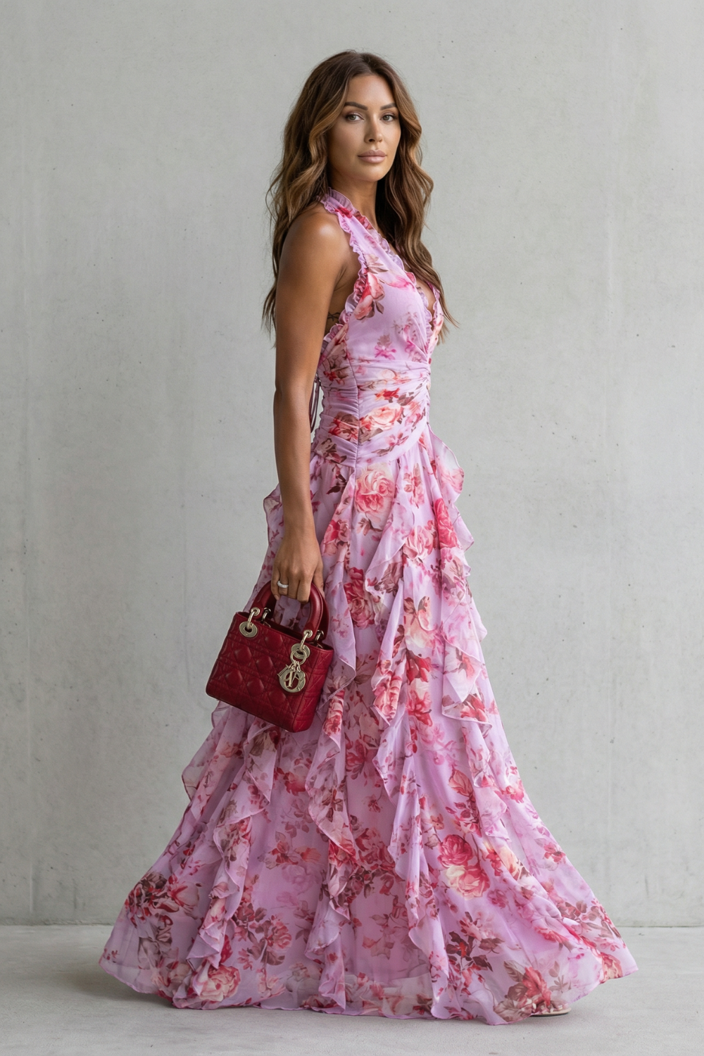 Belladina – Romantic rose cascade – Halter maxi dress