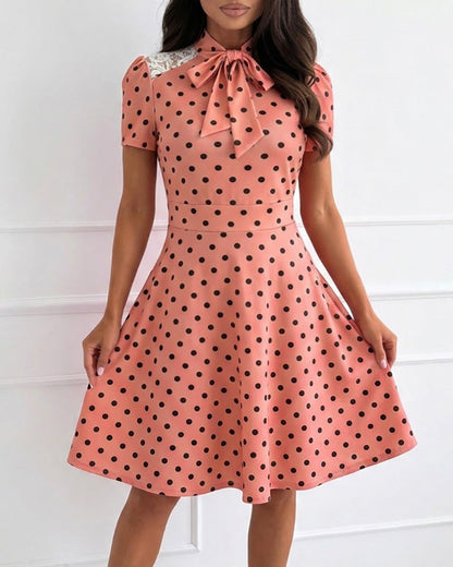 Women's Polka Dot A Line Dress Vintage Tie Neck Puff Sleeve Lace Patchwork Commuting Dress with Pockets