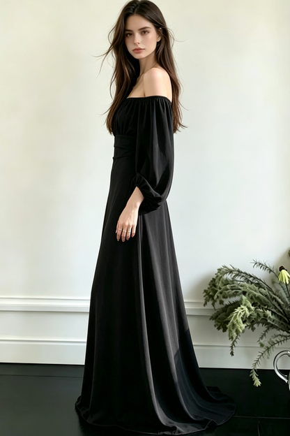 Square Neck Puff Long Sleeve High Waist Eco Recycled Cotton Dress - Black