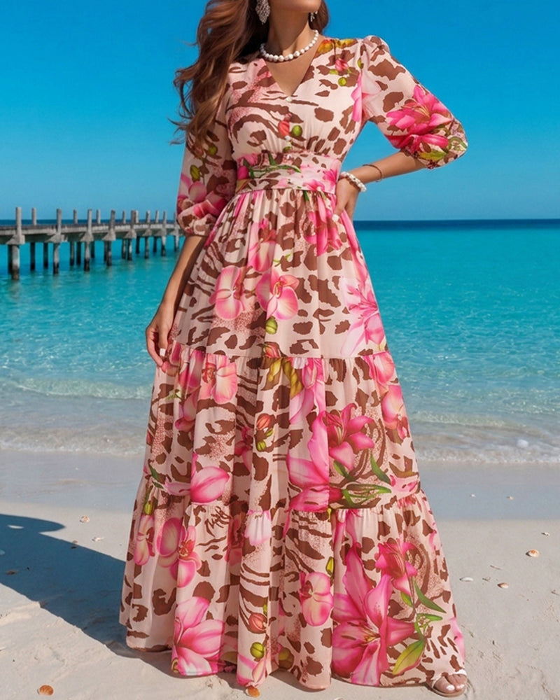 Women's Leopard Floral Print Dress V Neck Three Quarters Sleeve Ruffle Hem Dress Shirred Back A-Line Maxi Vacation Dress