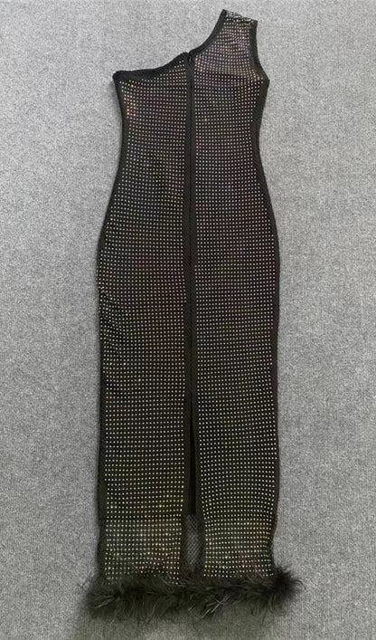 MESH DIAMOND FEATHER BANDAGE MAXI DRESS IN BLACK