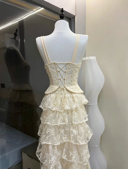 Ivory Wide Strap Lace Corset Peplum Top & Tiered High Low Lace Skirt Set