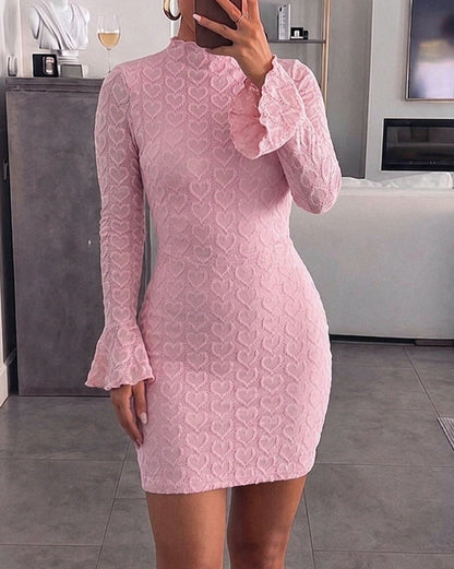 Women's Heart Jacquard Mini Dress Flared Cuffs Mock Neck Bodycon Dress Frill Hem Party Clubwear with Lining