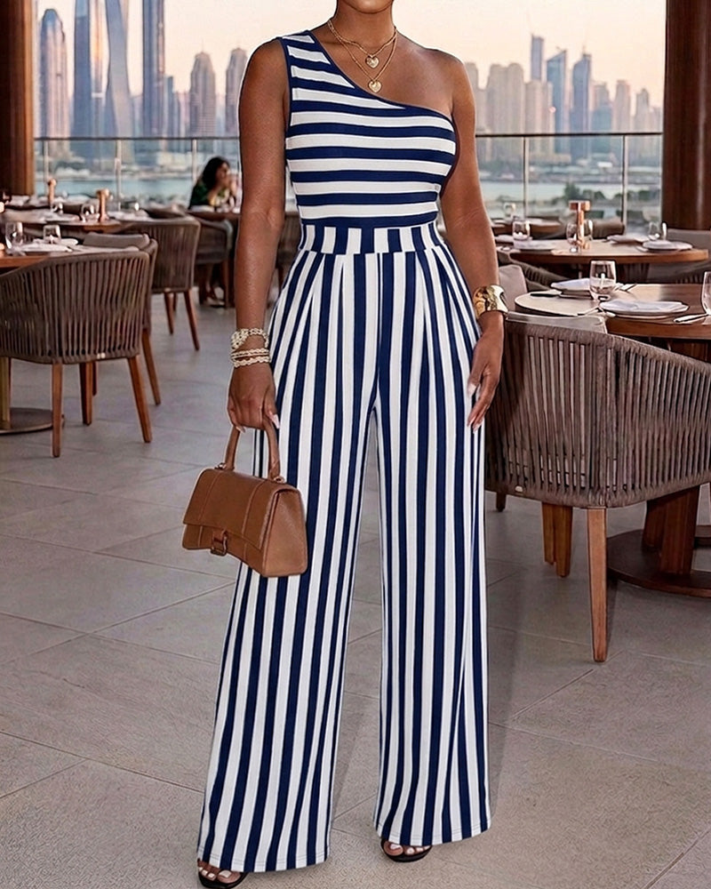 Women's Striped One Shoulder Jumpsuit Casual High Waisted Wide Leg Overalls