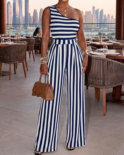 Women's Striped One Shoulder Jumpsuit Casual High Waisted Wide Leg Overalls
