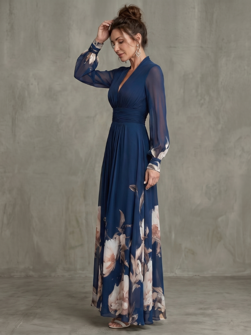 Navy Blue Floral Print Chiffon V-Neck Long Sleeve Pleated Maxi Dress