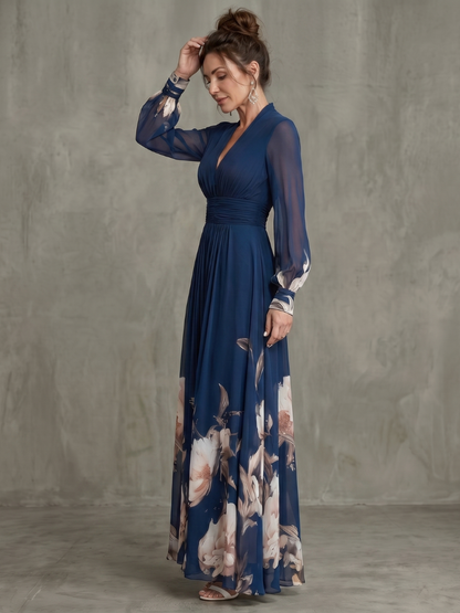 Navy Blue Floral Print Chiffon V-Neck Long Sleeve Pleated Maxi Dress