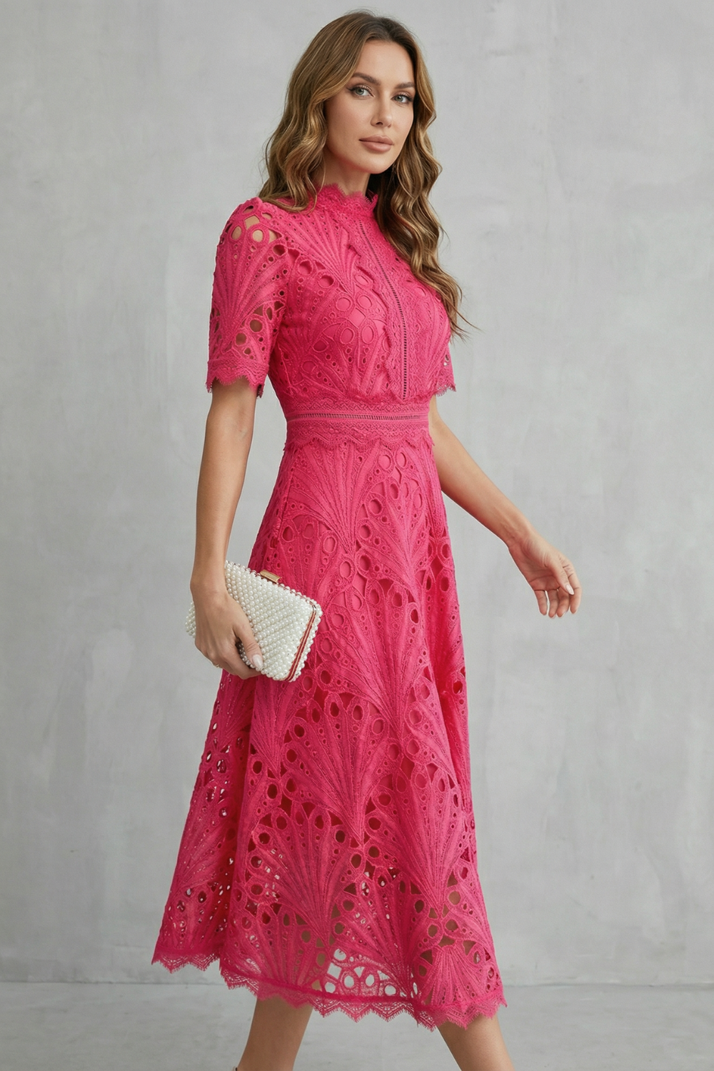 Charlisse – Ornate lace refinement – High-neck midi dress