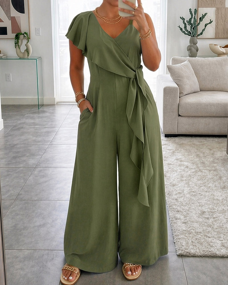 V-Neck Adjustable Spaghetti Straps Backless Overalls Casual Zipper Back Wide Leg Jumpsuit with Convertible Ruffles Tie Panel