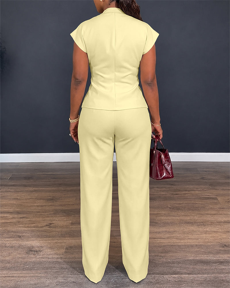 Women's 2 Piece Outfits V Neck Twist Front Slit Top and High Waisted Straight Leg Pants Set Commute Business Casual Suit