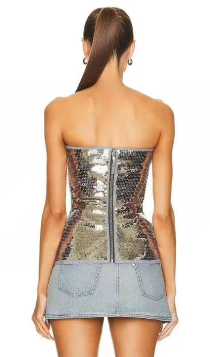 Metallic Sequin Embellished Sleeveless Denim Bustier Crop Top
