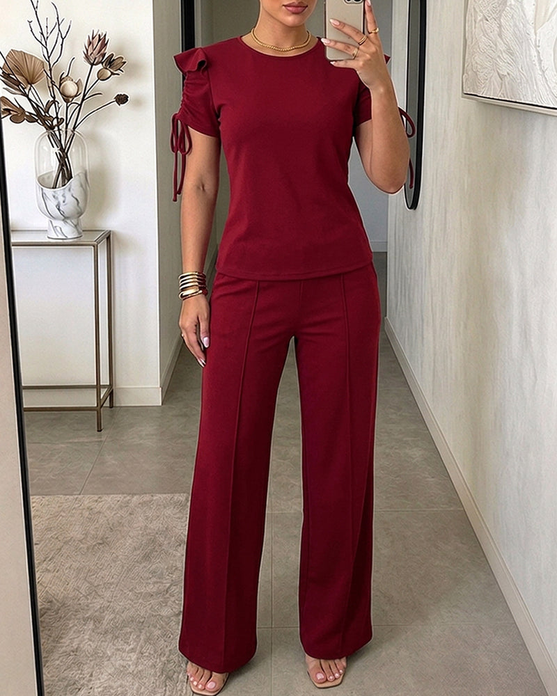 2 Pieces Outfit Ruffles Decor Drawstring Short Sleeve Top and Casual Elastic Waist Seam Front Wide Leg Pants Set