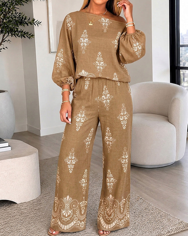 Women's 2 Piece Vintage Print Bohemian Outfit Skew Neck Lantern Sleeve Top and High Waisted Pants Set Casual Vacation Set