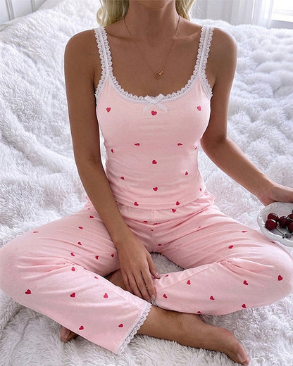 Women's 2 Piece Heart Print Pajama Set Lace Trim U-Neck Cami Top and Pants Sweet Lounge Set with Pockets
